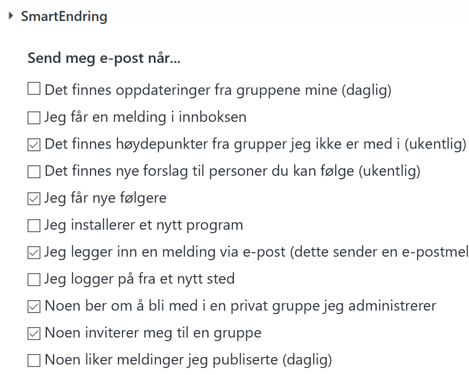 Bildet viser sjekkliste med ulike innstillinger du kan velge