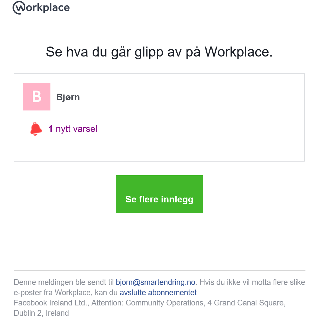 Bildet viser varsel-epost fra WOrkplace med lenke til å avslutte abonnementet