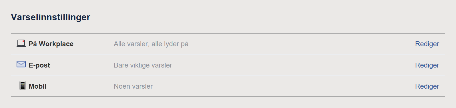 Bildet viser Workplave valg av varselinnstillinger