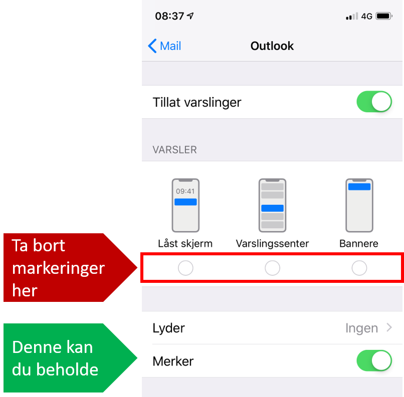 For å slå av varselr på iPhone, velg Innstillinger og Varslinger. Finn epostappen og endre innstillingene