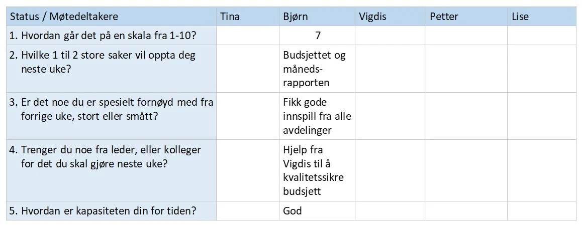 Illustrasjon viser tabell der møtedeltakere kan skrive inn status