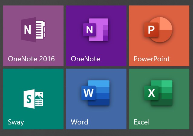 Skjermbilde av Office programfliser i Windows