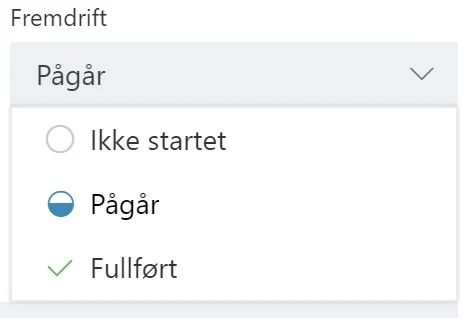 Skjermbilde av fremdrift for en oppgave i Planner