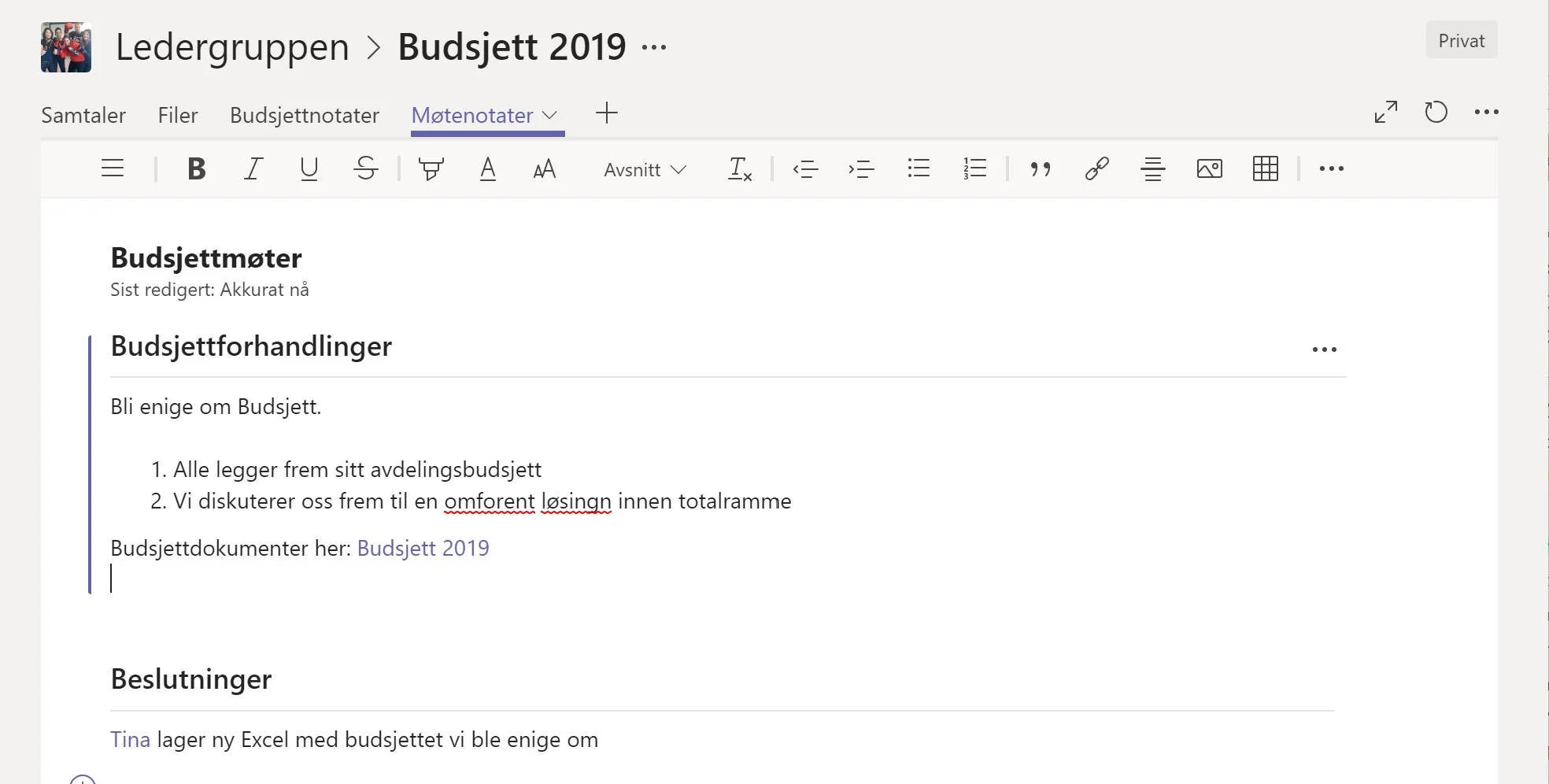Skjermbilde viser Møtenotater i Teams