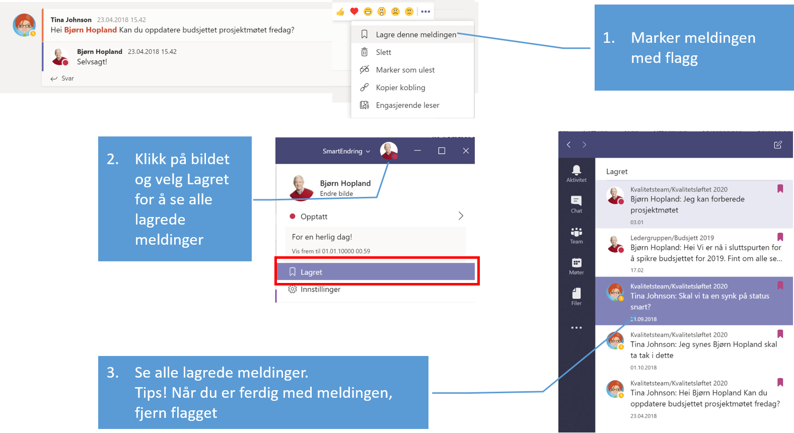 Illustrasjon viser Hvordan man kan lagre meldinger i Teams