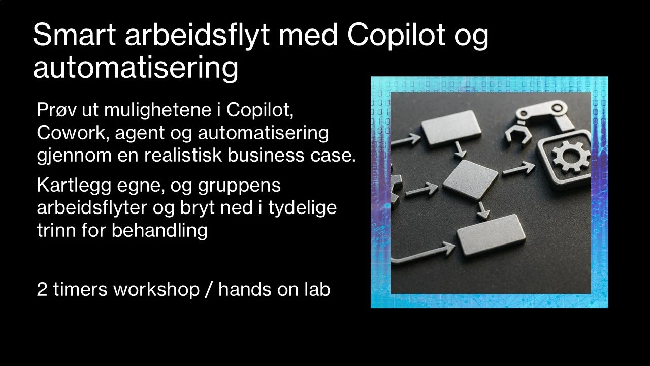 Prøv ut mulighetene i Copilot, Cowork, agent og automatisering gjennom en realistisk business case.
Kartlegg egne, og gruppens arbeidsflyter og bryt ned i tydelige trinn for behandling