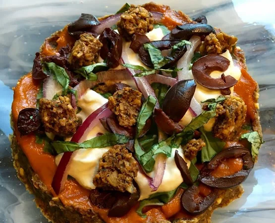Raw Vegan Pizza with Buckwheat Crust, Macadamia “Cheese” and Fennel Walnut Sausages