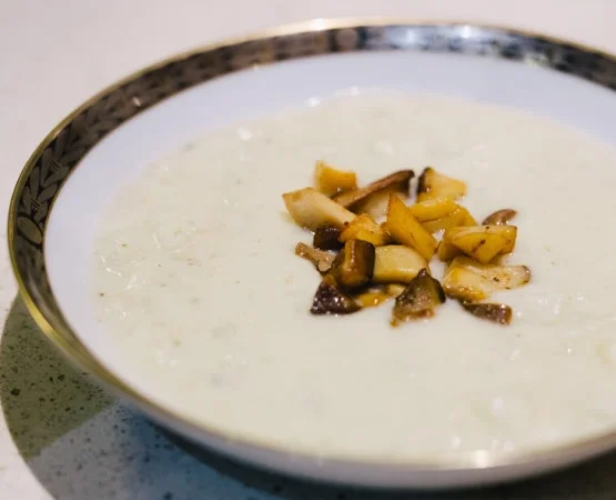 Cauliflower Potato Chowder with Trumpet Mushroom "Clams"