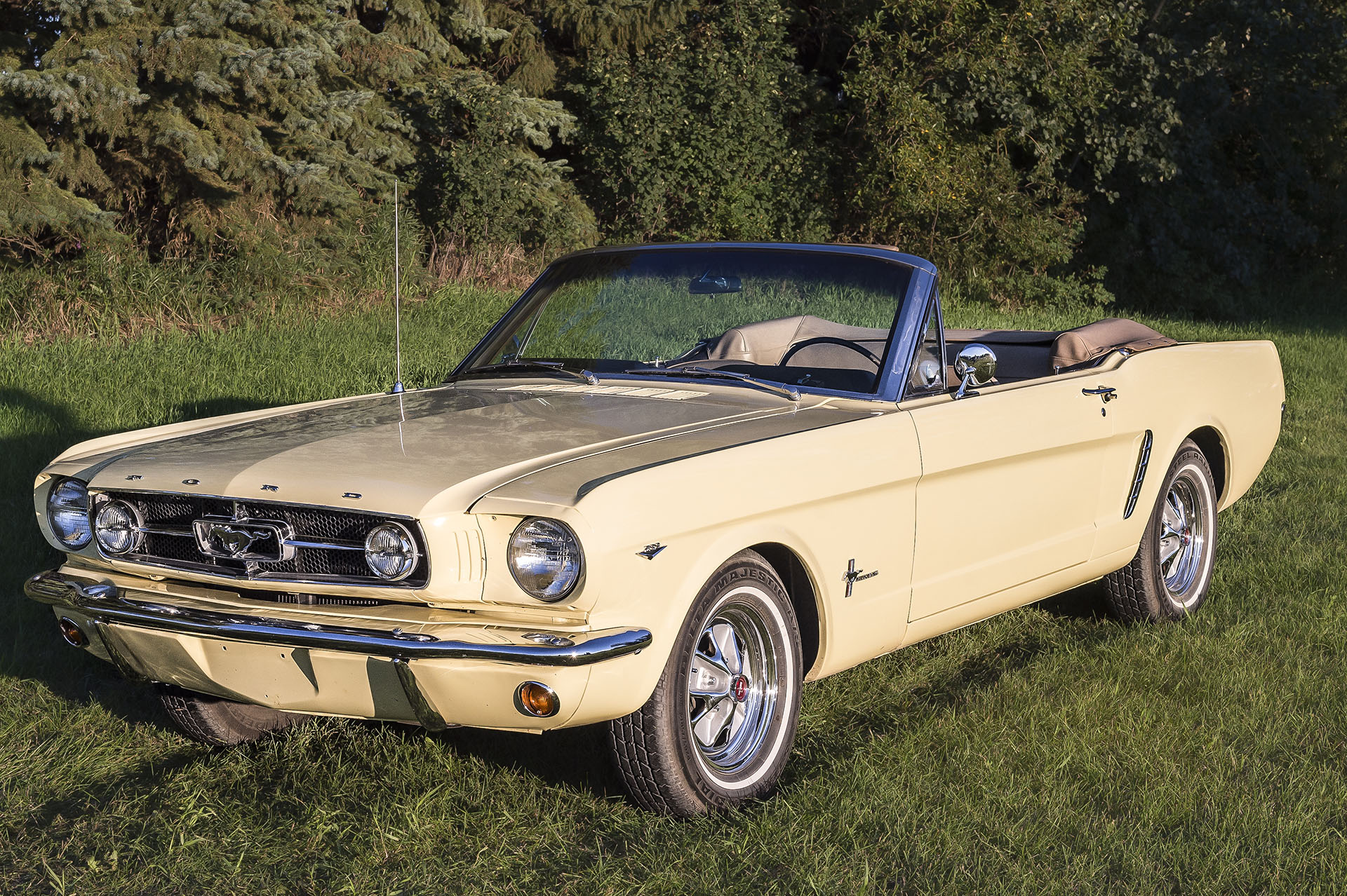 1964 1/2 Mustang Convertible Built April 23, 1964. This car was completely rebuilt in 2011 on a rotisserie, detailed underneath and then reassembled. Colour is Sunlight Yellow with Palomino interior, 289 engine was balanced and blueprinted, and transmission was upgraded from a 4 to a 5 speed. The car was driven to the Mustang 50th Anniversary celebration in Las Vegas Nevada in April 2014 and is driven to all car shows.