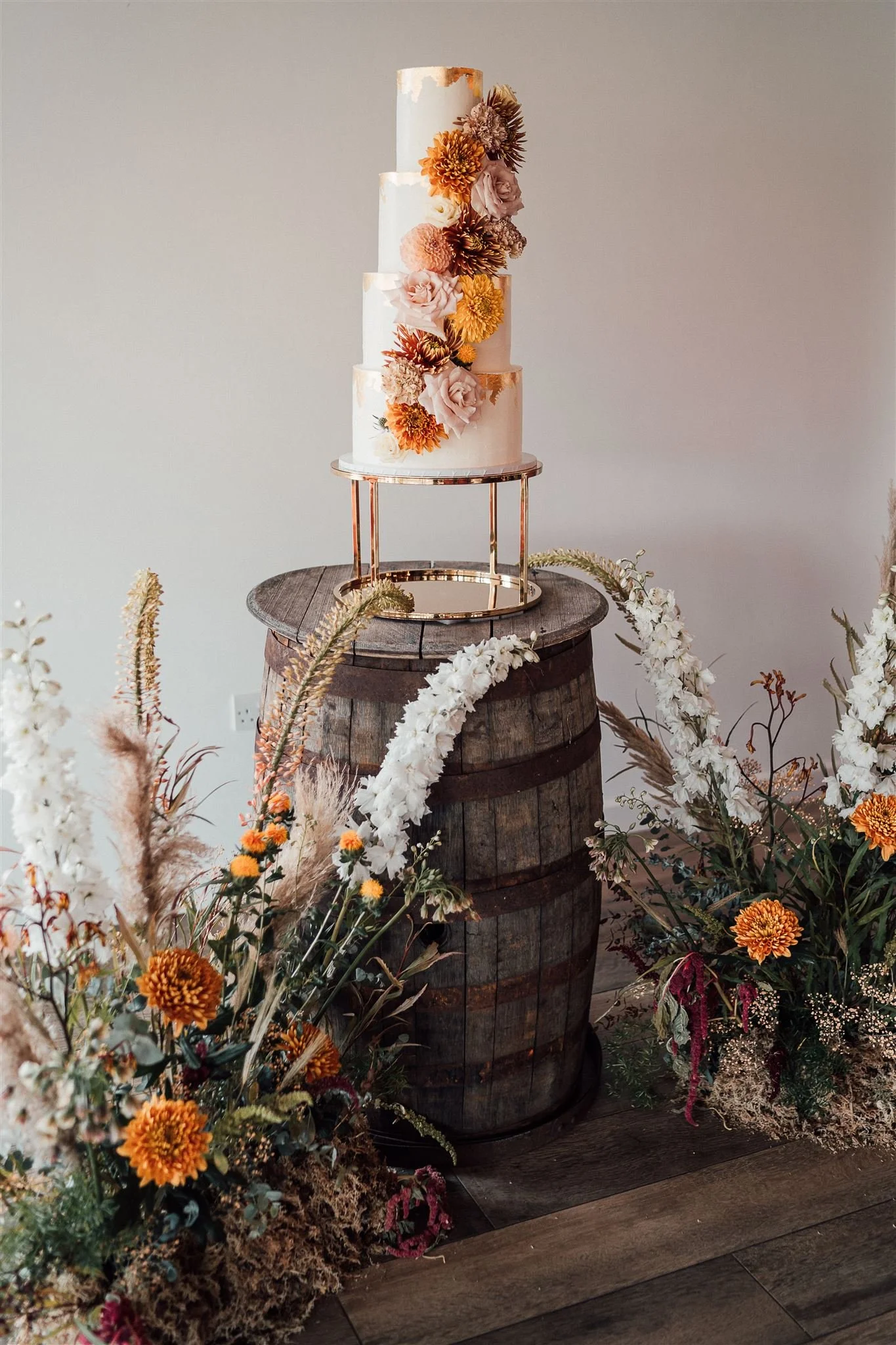 White and gold floral wedding cake, Sussex