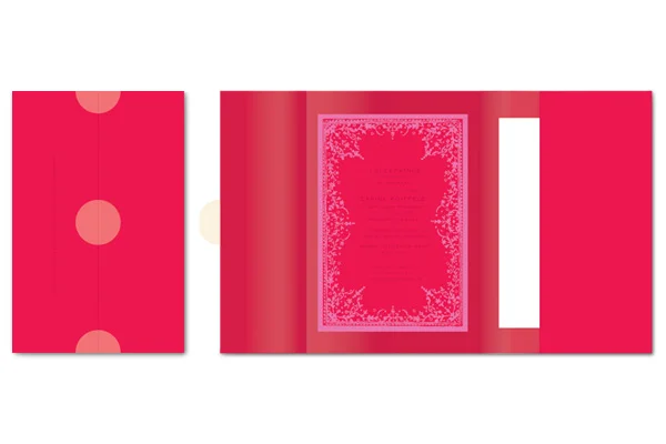  A fashion show invitation package.  Left: closed envelope with round stickers. Right: opened envelope with a card in the center, with a look book inserted on its right.  