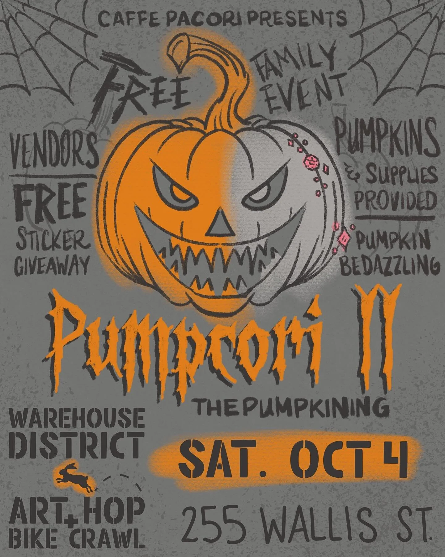 Join us for the next Art Hop on October 4th!  It&rsquo;s also our Second Annual 🎃Pumpcori 🖌️&mdash; a FREE family-friendly event with painting and bedazzling 💎 pumpkins.

👻 Limited pumpkins available, but feel free to bring your own!

💀 FREE sti