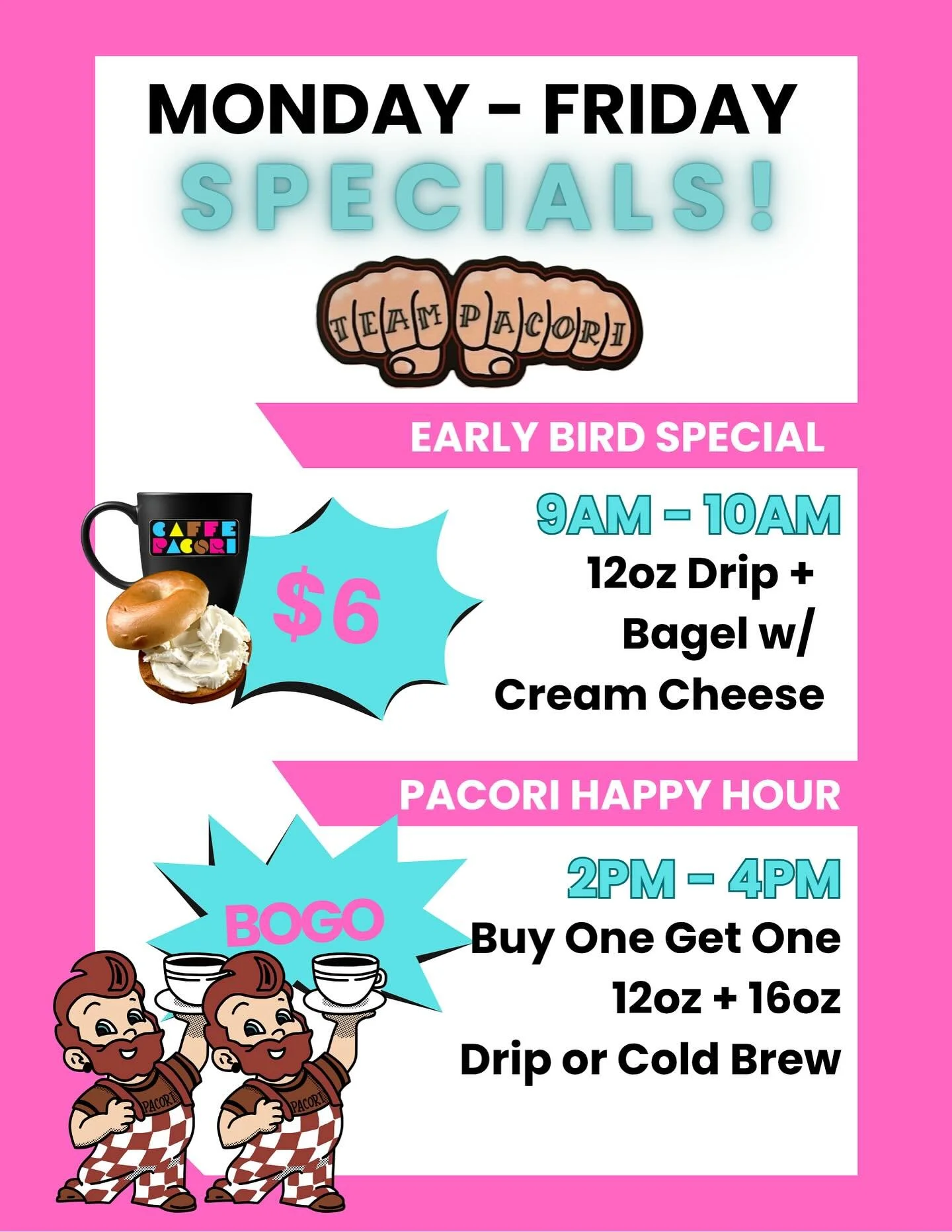 We&rsquo;re celebrating new extended holiday hours!  Join us Monday through Friday for two weekday specials:

Early Bird Special | 9 AM &ndash; 10 AM
12 oz drip coffee + bagel with cream cheese, $6

Pacori Happy Hour | 2 PM &ndash; 4 PM
BOGO! Buy one