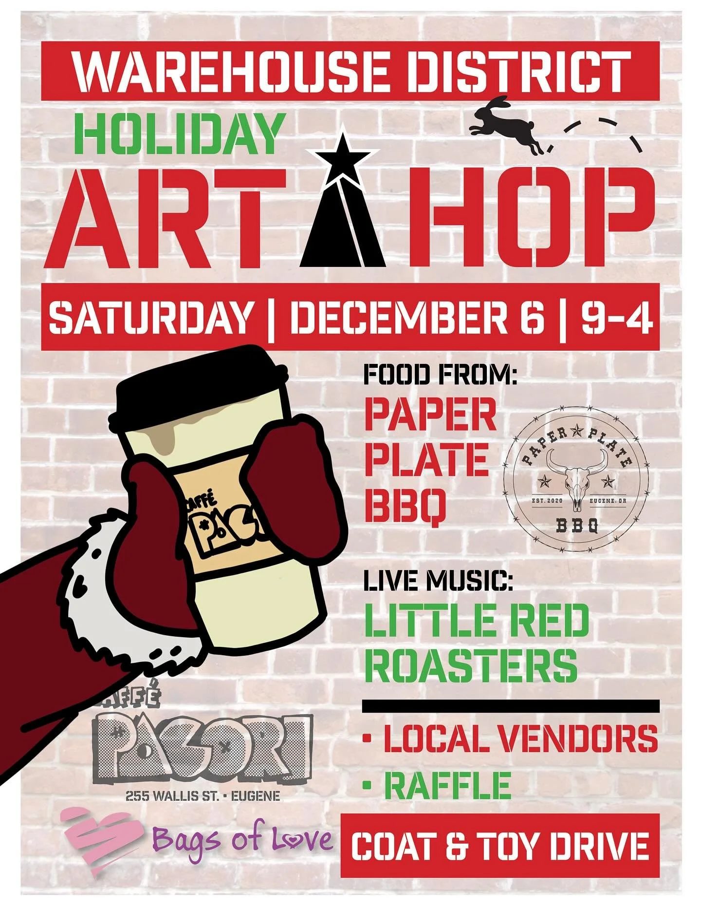 💙Art Hop at Caffe Pacori💚 Saturday, Dec. 6 from 9am to 4pm

We&rsquo;re featuring:
🔳 Food from Paper Plate BBQ
🔳 Coffee from Caffe Pacori
🔳 Bagels from Lox, Stocks &amp; Bagels
🔳 Live music by Little Red Roasters
🔳 Local vendors &amp; makers
?
