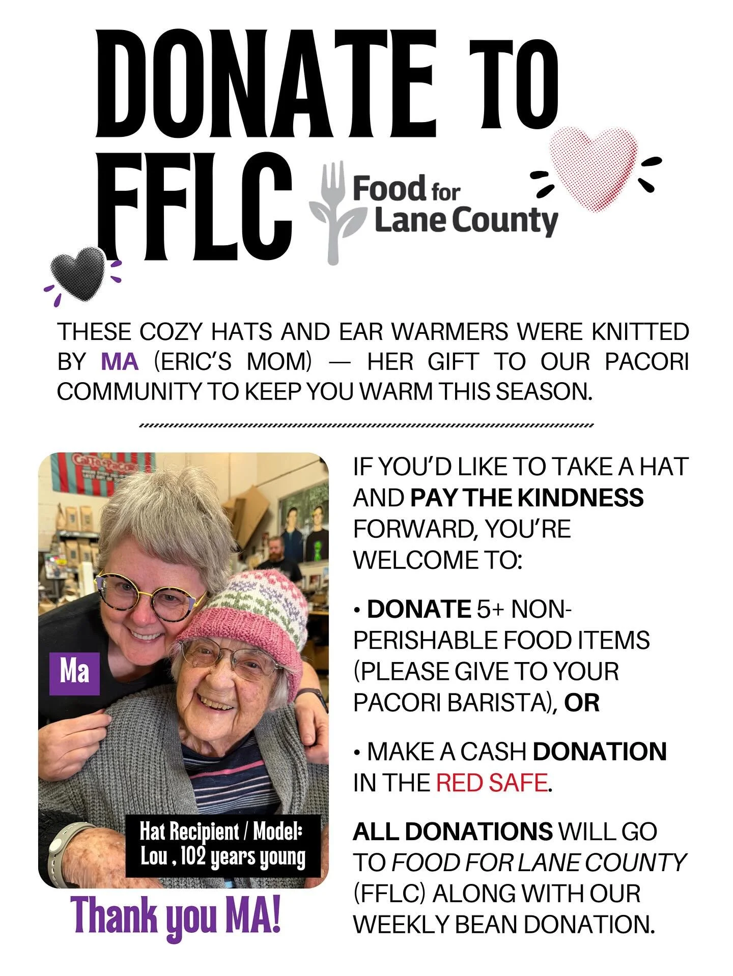 Ma&rsquo;s been making magic again! Handmade items by Eric&rsquo;s mom - hats, scarves, beanies, ear warmers, and more - are back!

If you&rsquo;d like to take one and pay the kindness forward, you&rsquo;re welcome to donate non-perishable food items