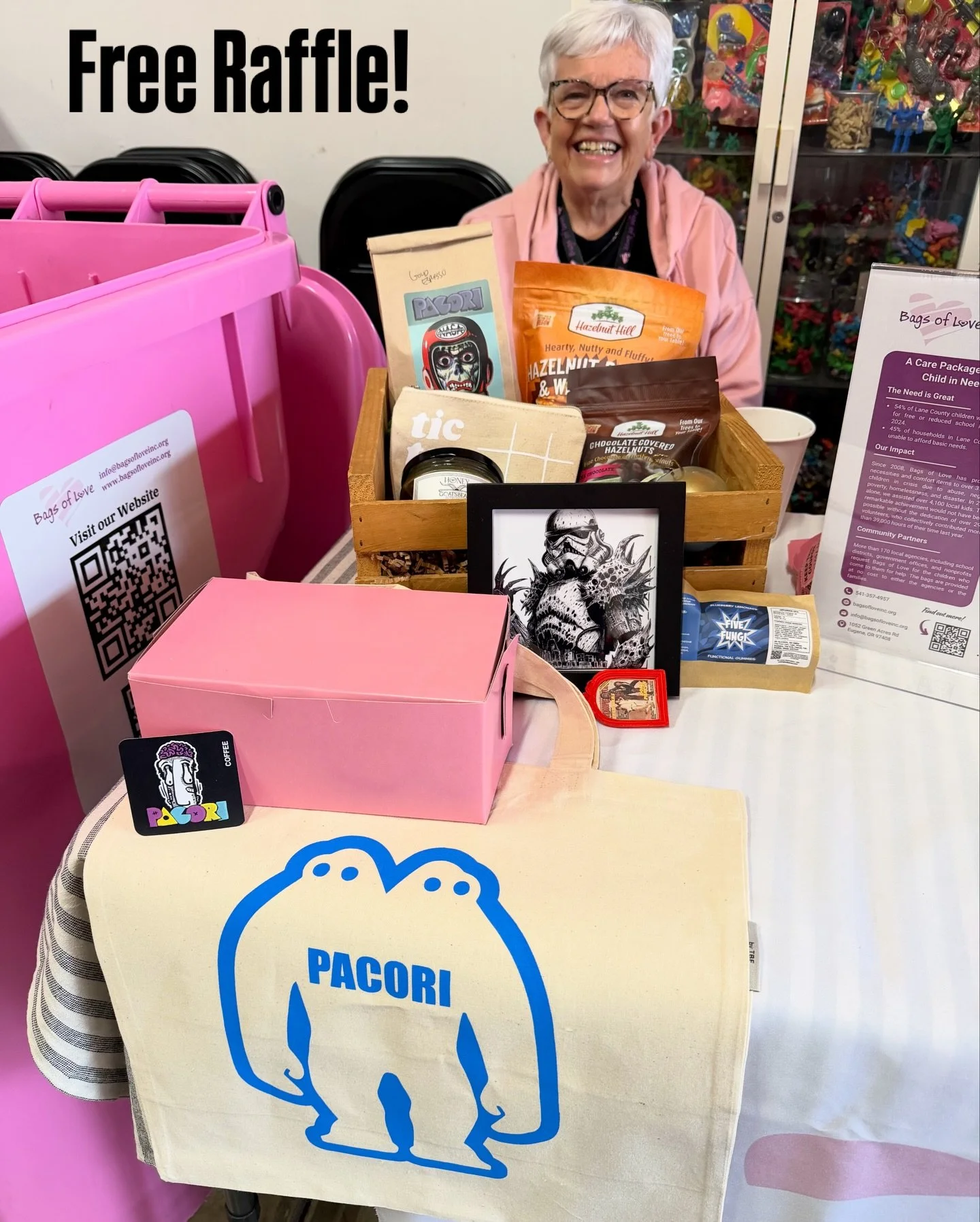 Today&rsquo;s raffle items from our amazing vendors!  Stop by to sip, shop, play . . . 

Saturday, 9am - 4pm

@bagsofloveeugene 
@foodforlanecounty 
@paperplatebbq 
@zehavaproducts 
@warehousedistrictarthop 
@goatsbeardhomestead 
@hazelnuthill_farm 
