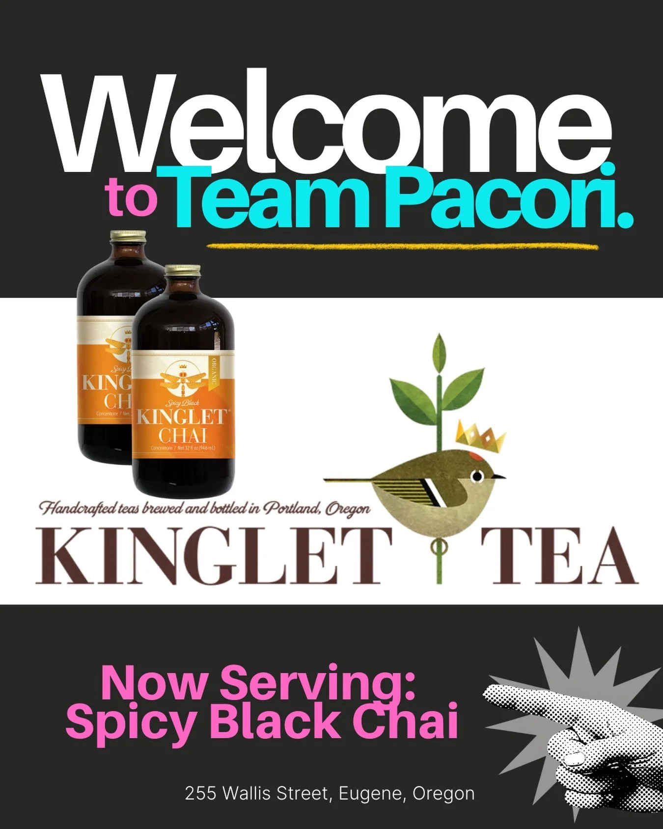 Welcome to the team, Kinglet Tea!
So many decisions to make at Caffe Pacori (chai, arcade then cartoons?!) . . . now featuring Spicy Black Chai from @kinglettea in #portlandoregon
.
.
.
#caffepacori #eugeneoregon #woodroastedcoffee  #teampacori #coff