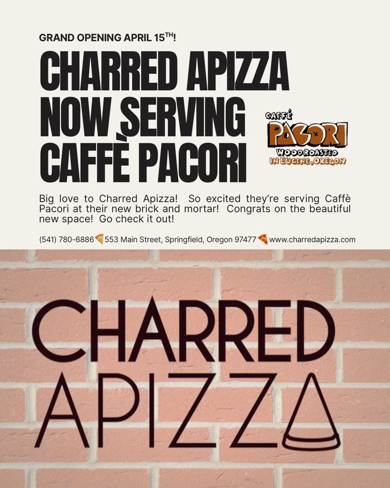 Big love to Charred Apizza ❤️🍕

So excited to be on the menu - now serving Caff&egrave; Pacori at their new location!

Congrats on the beautiful new space.

@charredapizza did you know pizza is Eric&rsquo;s main food group!