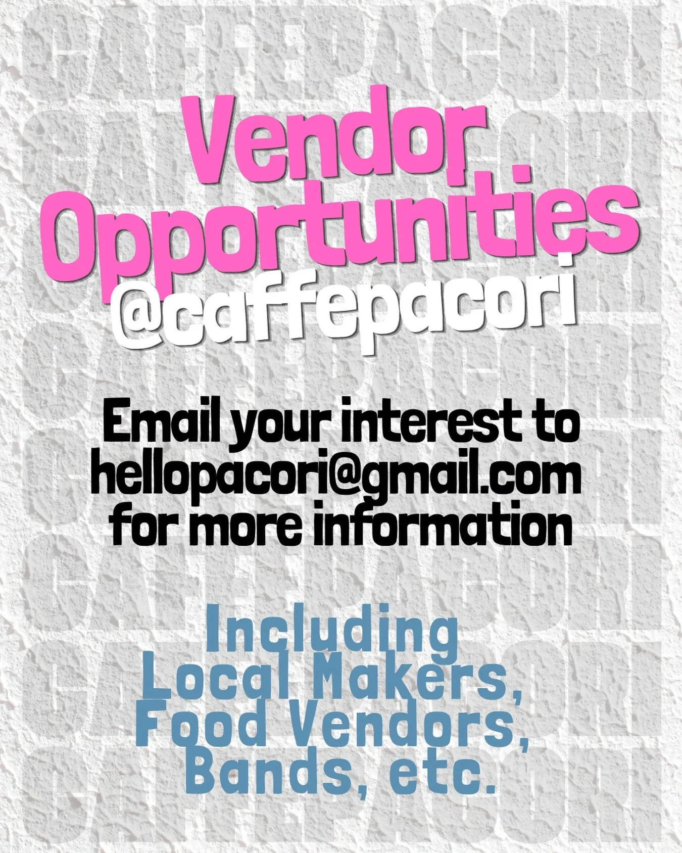 Hey Local Makers + Creators!

We&rsquo;re always looking to collaborate with:
Local makers, food vendors, bands &amp; musicians . . . and more!

If your work feels like a fit for Pacori, we&rsquo;d love to hear from you. Spots are limited, and we&rsq