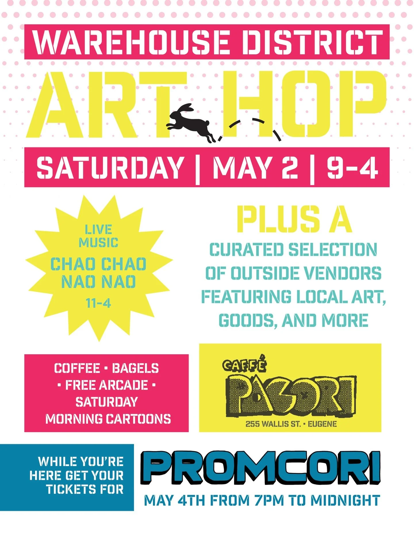 WAREHOUSE DISTRICT ART HOP at PACORI 🤍 

Saturday &bull; May 2 &bull; 9&ndash;4

Stop by for wood-roasted coffee, bagels, free arcade and Saturday morning cartoons.

Live music: Chao Chao Nao Nao (11&ndash;4)
Plus a curated selection of local vendor
