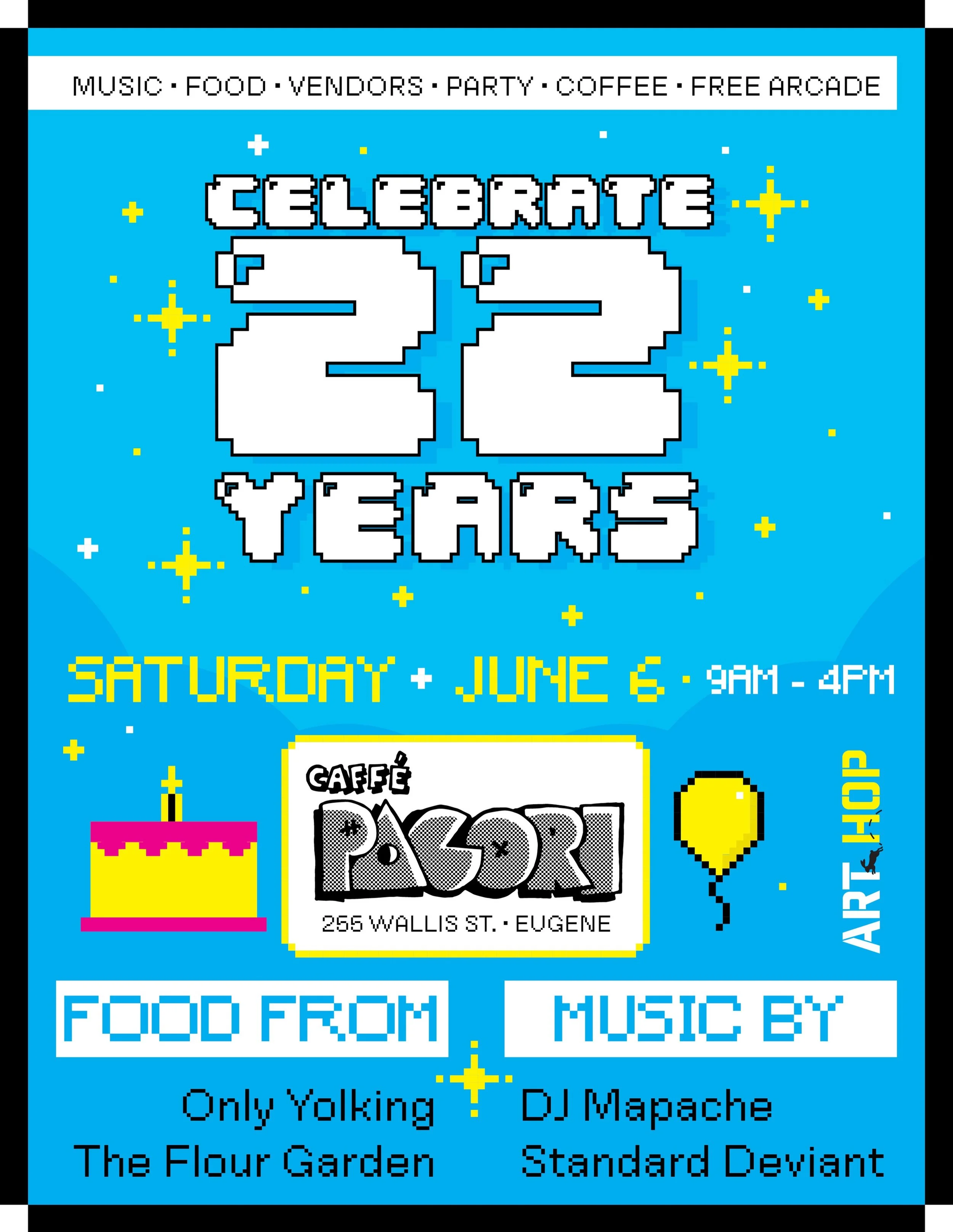 Celebrating 22 years of Caff&eacute; Pacori ☕️🕹️

Join us for a day of music, food, local vendors, wood-roasted coffee, cartoons, and free arcade as we celebrate community and all the memories made along the way! 

Saturday, June 6
9AM - 4PM
255 Wal