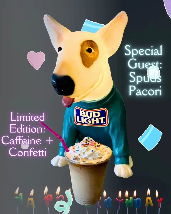 Pacori turns 22 tomorrow! 

To celebrate, we&rsquo;re rolling out our Caffeine + Confetti Birthday Drink and putting our favorite four-legged team member, Spud Pacori, in the spotlight. 

Join us for a day of live music, a DJ, food truck, bakery, loc
