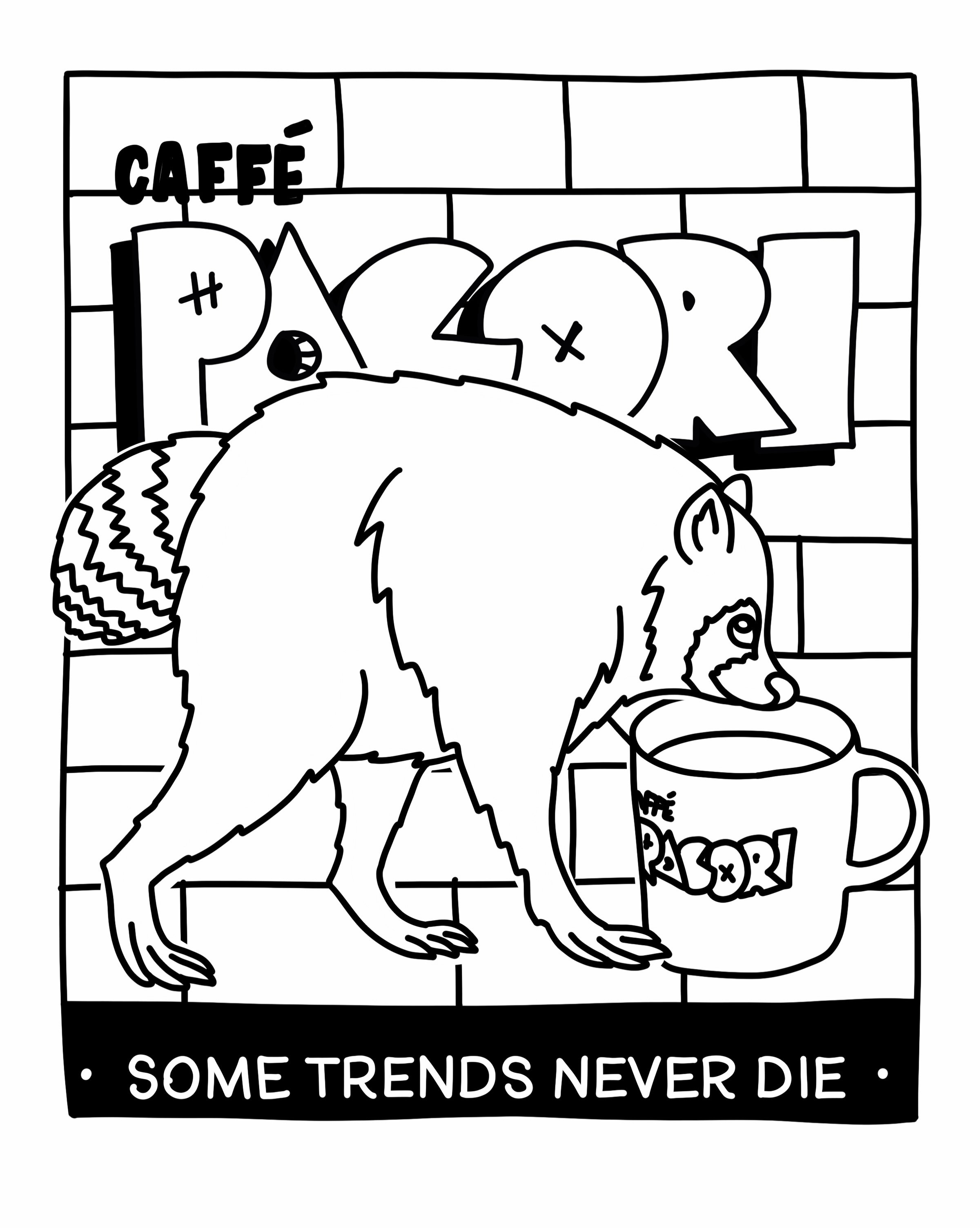Meet Jimothy. ☕️🦝

He likes Pacori coffee. 
He likes hanging out at Pacori.
And tomorrow, he&rsquo;s ready for you to color him in at Pacori. 🎨

Come find Jimothy at the Warehouse District Art Hop tomorrow at Pacori! 🖍️

Design by @pacific_rose_de