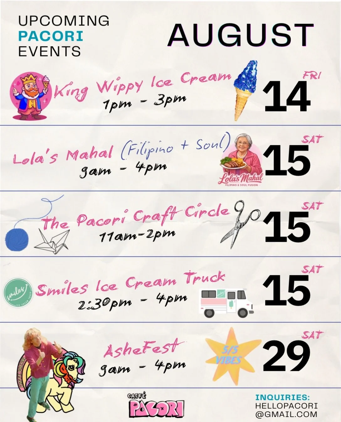 Mark your calendars!  We&rsquo;ve got ice cream, Filipino + soul food, crafting, another ice cream truck, and AsheFest! 

Save the dates, grab your people, and come hang with us at the shop!  And as always, enjoy wood-roasted coffee, community, free 