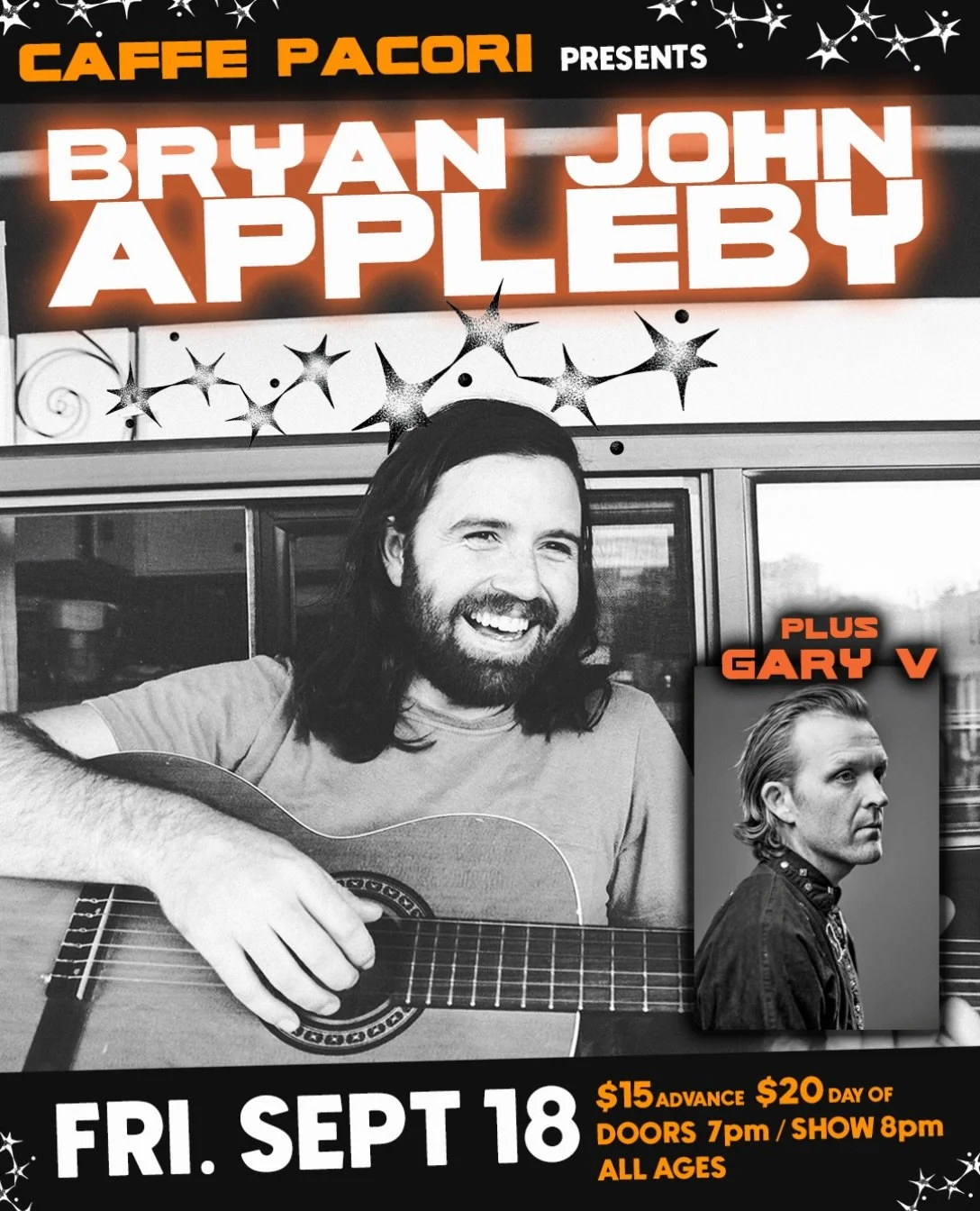 🎶 Bryan John Appleby with guest Gary V are coming to Caffe Pacori!

🎤Friday, September 18
Doors 7pm / Show 8pm
$15 advance / $20 day of, if available
Tickets: www.caffepacori.com
*All Ages*

Come listen to some incredible music ftom @bryanjohnapple