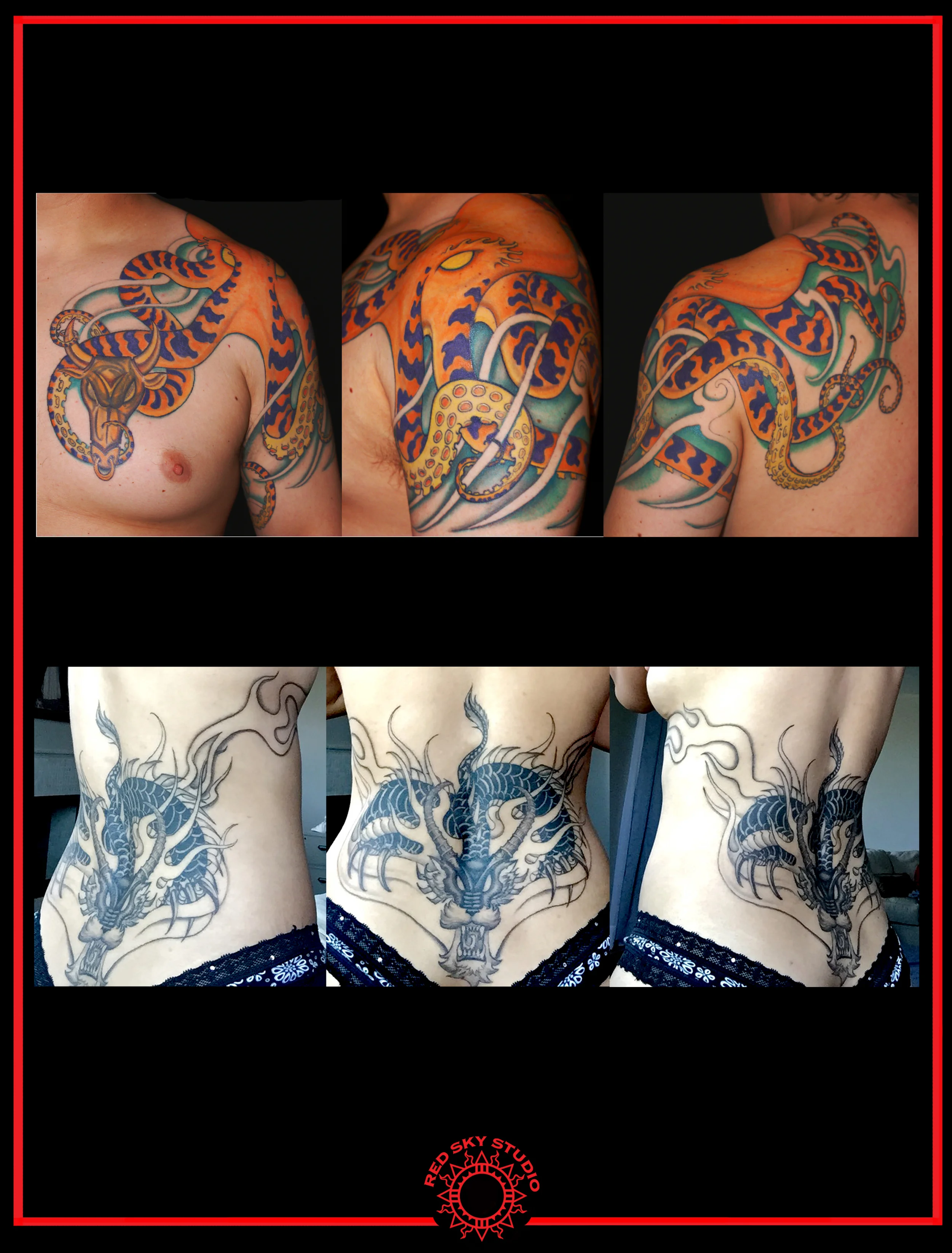 Large tattoos.