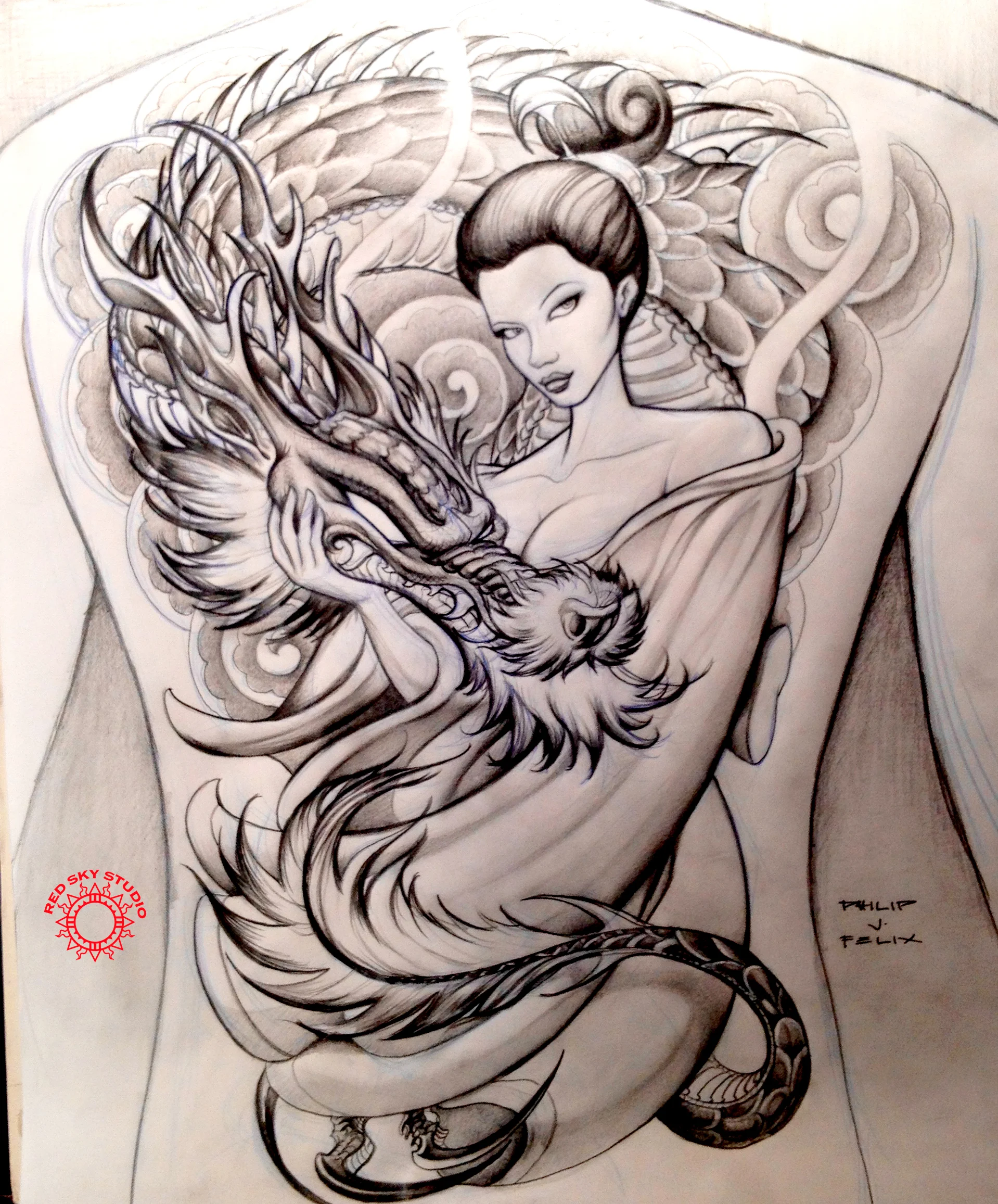 Geisha with Asian Dragon Custom back.piece