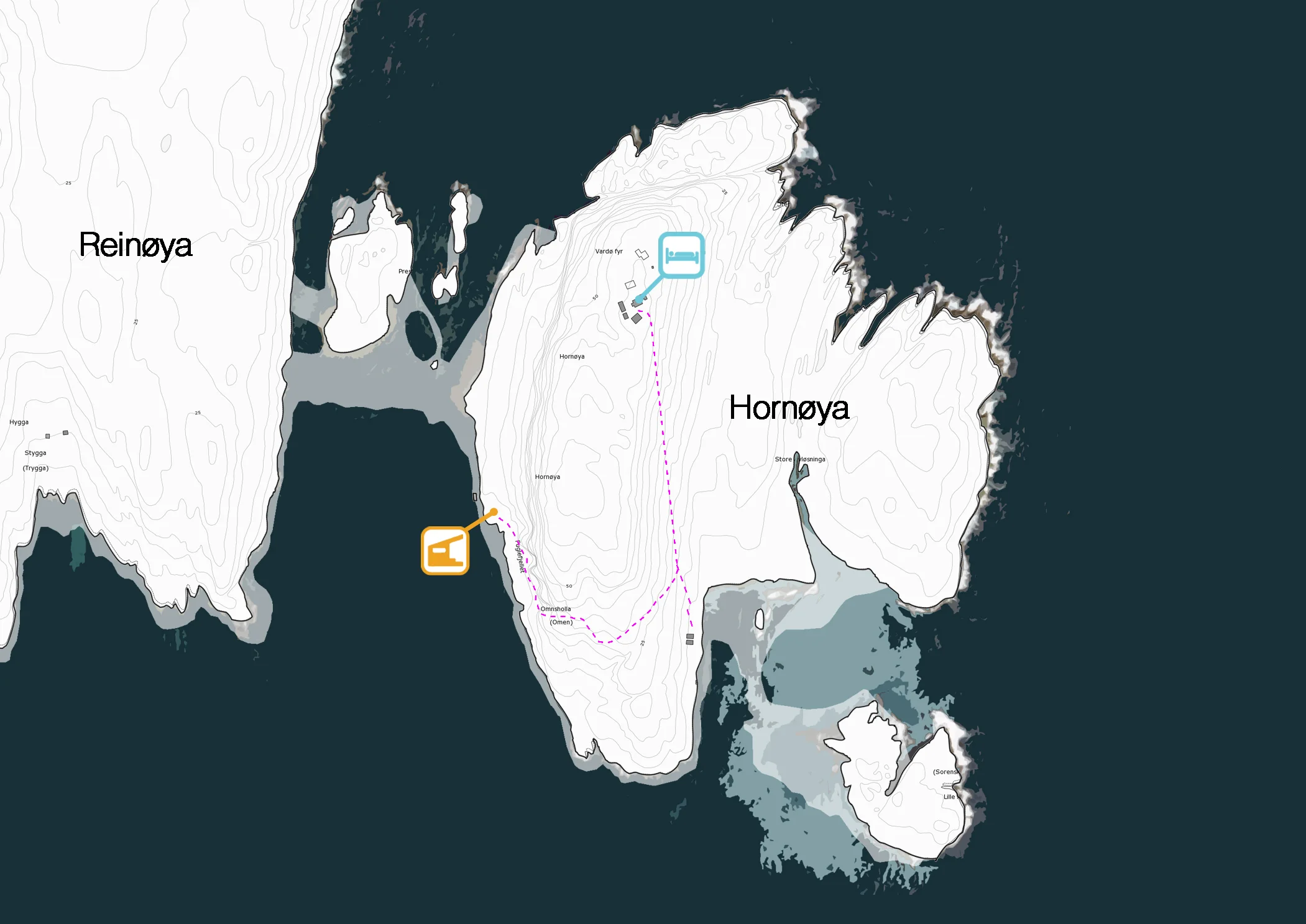 This map shows the footpath leading from the boat landing dock to the lighthouse.