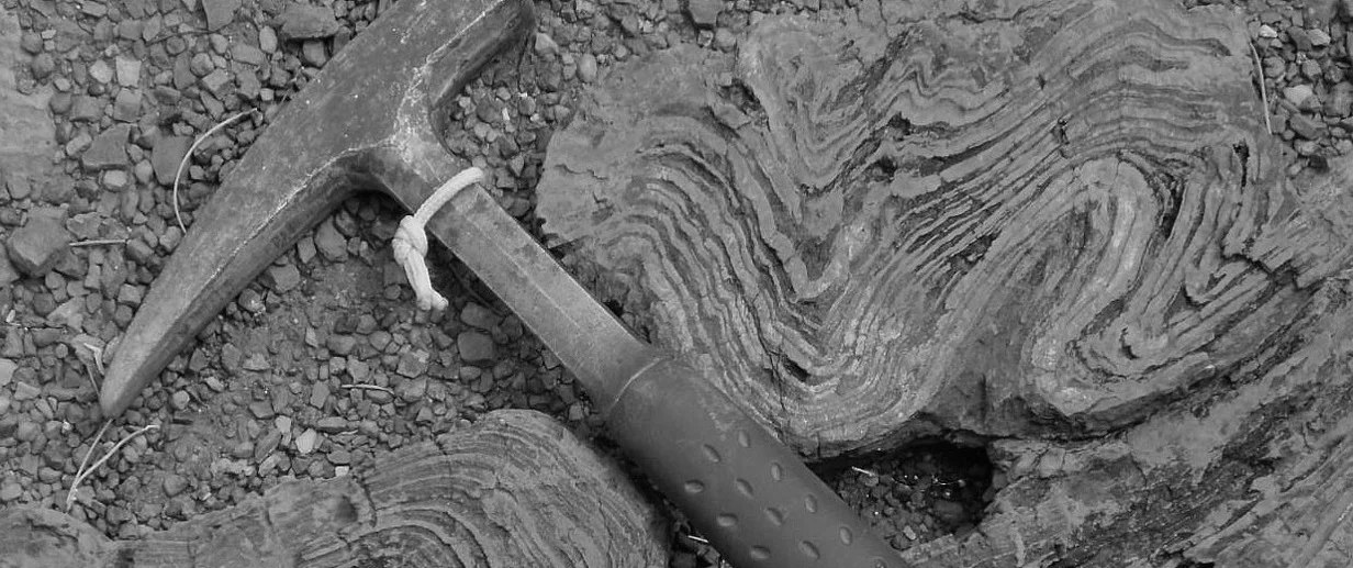 Folded banded rock with a geological hammer