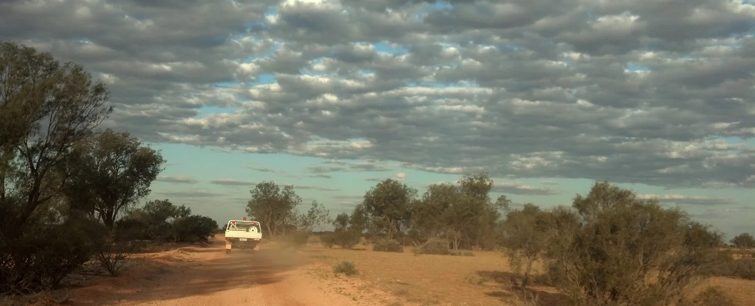 Field vehicle on an unsealed track through the Western Australian landscape