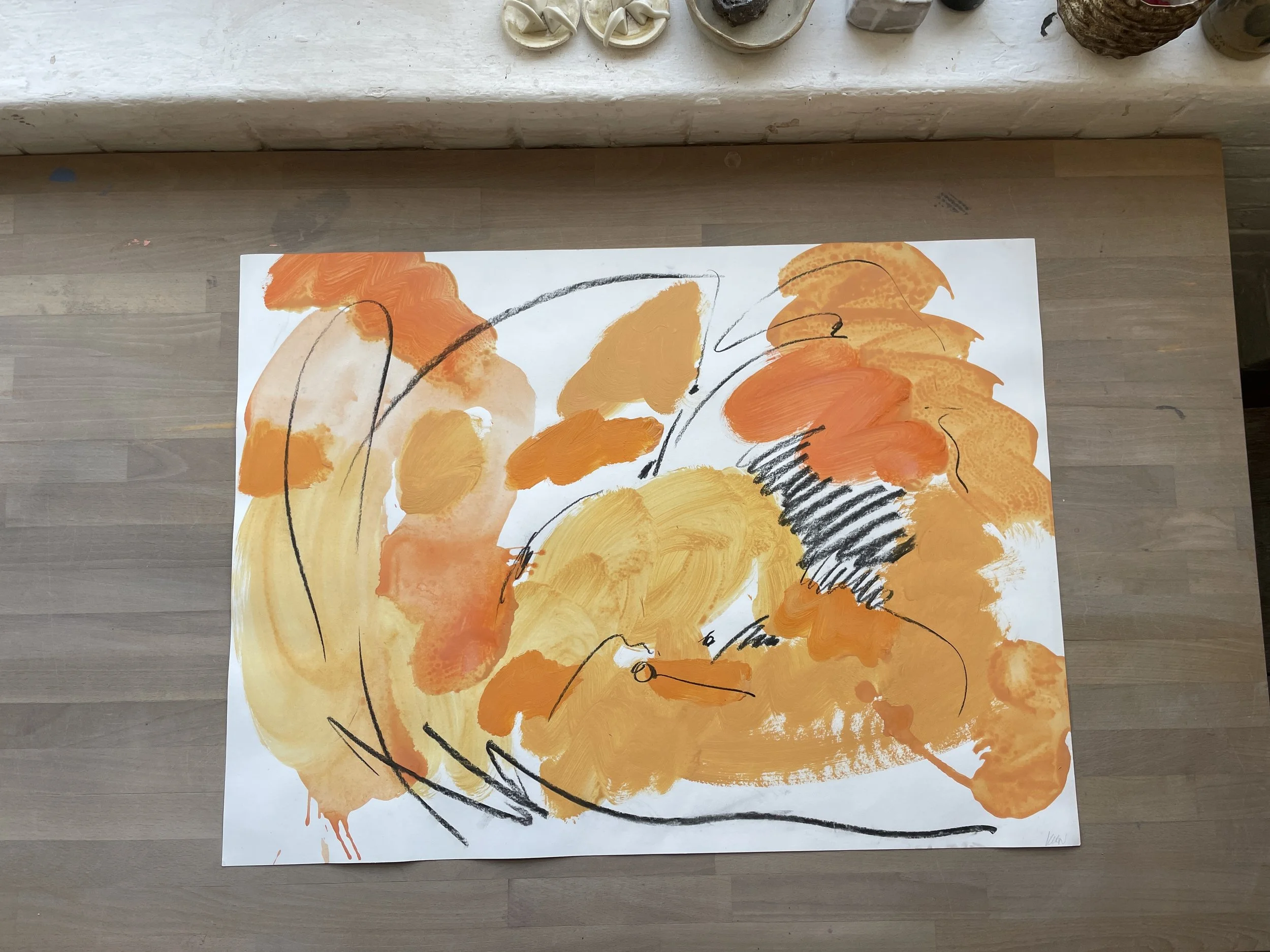 Abstract Landscape , yellow orange and charcoal 56 x 76 cm