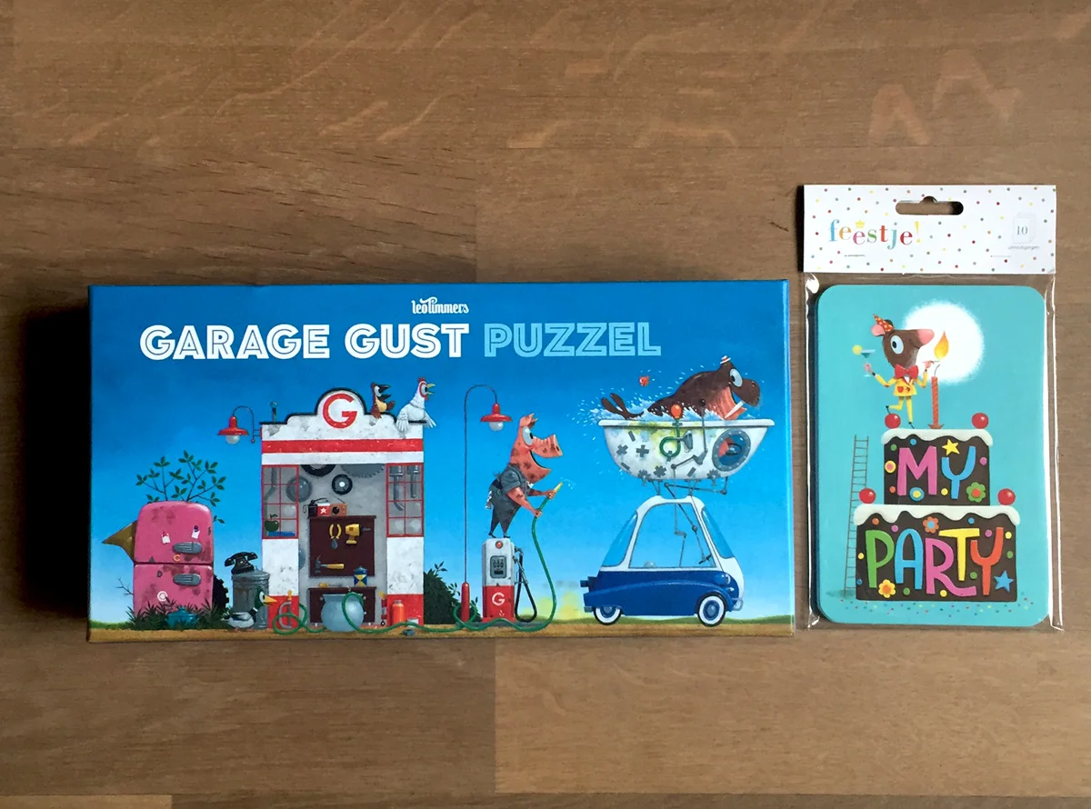   Gus's Garage  keeps traveling the world with rights sold now to France, Denmark, China, Korea, United Kingdom, United States, New Zealand, Australia, and Germany.  Querido now produced this two-sided puzzle with extra big and sturdy pieces in a bea