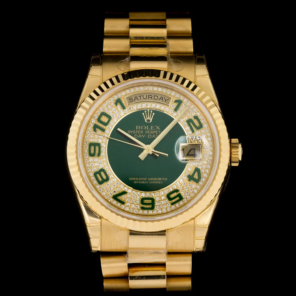 Rolex 118238 "new old stock" Day-Date 36 Green Enamel and Pave Diamonds