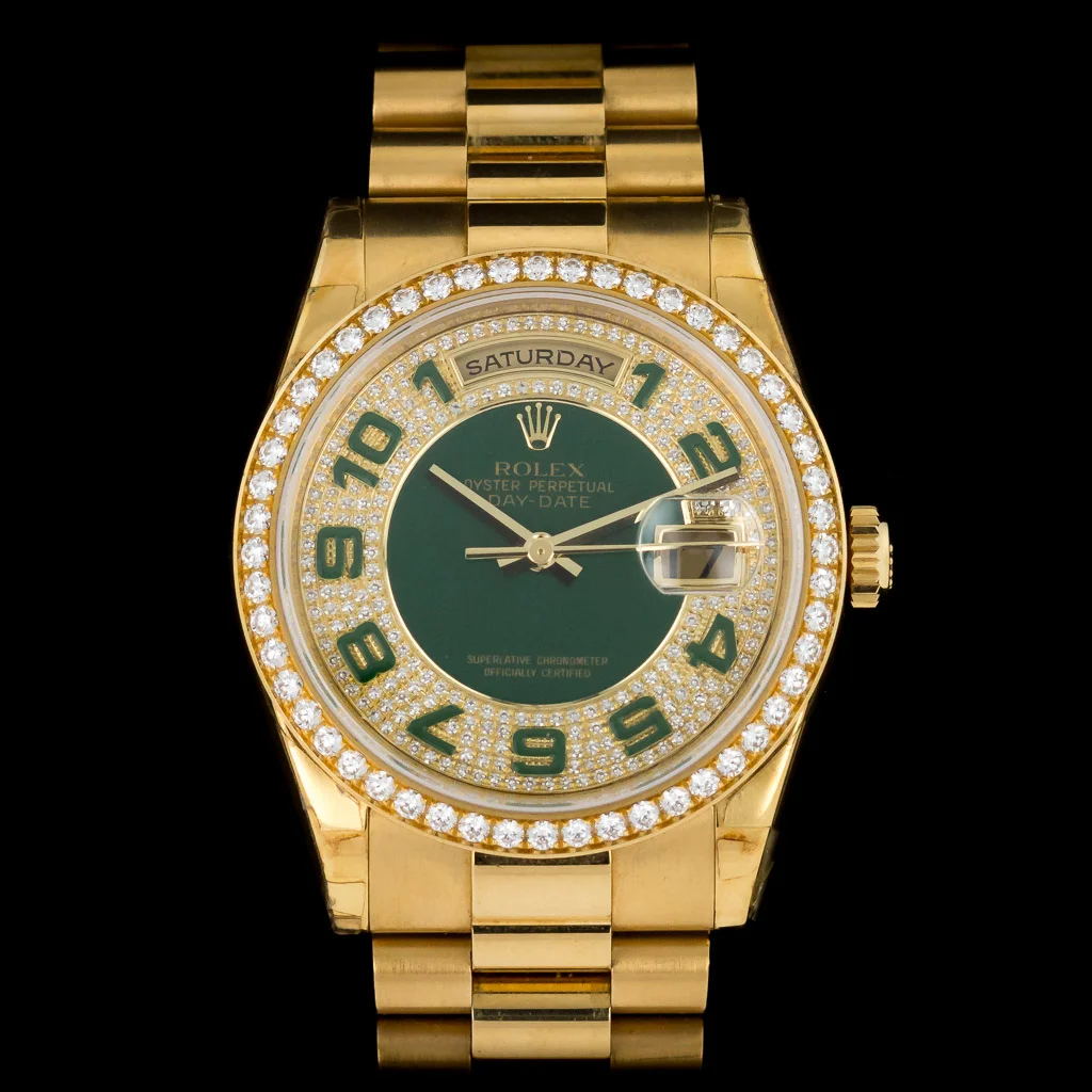 Rolex 118348 Day-Date 36 Green Enamel & Pave Diamond Dial & Diamond Bezel