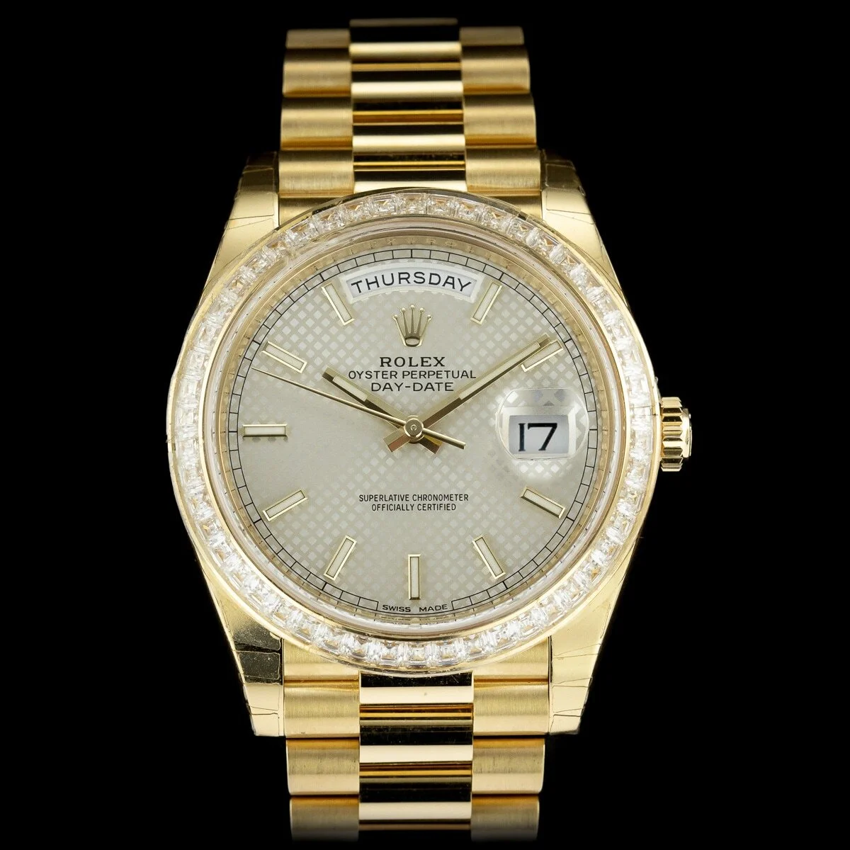 Rolex Day-Date 40 ref 228398TBR yellow gold full set factory baguette diamond bezel