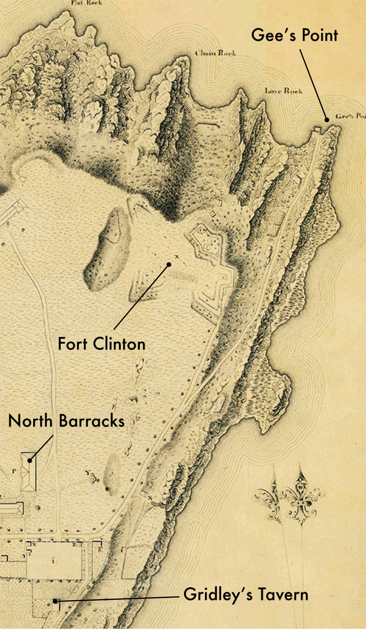 1826 Map of West Point by T.B.Brown showing the location of Gee's Point and Gridley's Tavern. Labels by Author. 