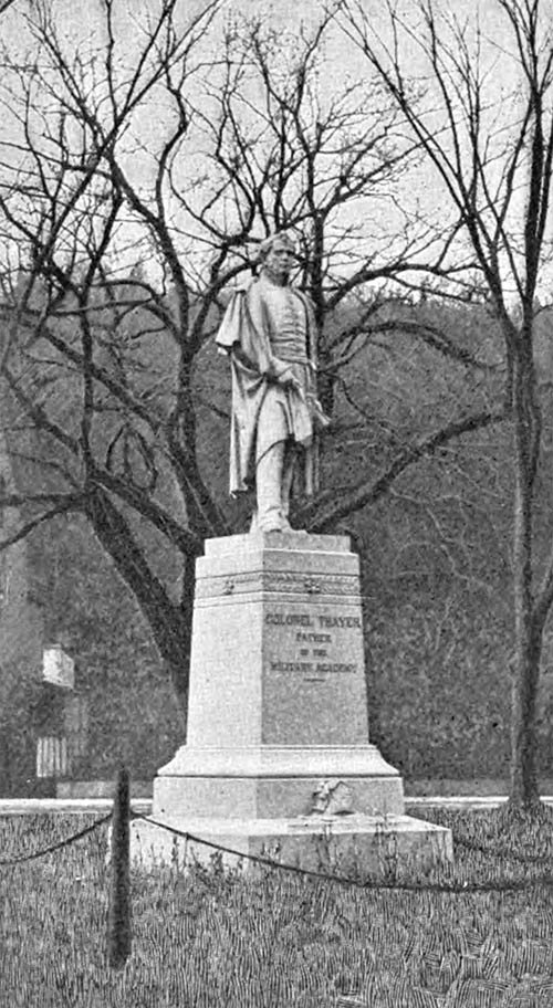 Statue of Sylvanus Thayer in 1902 in its original location near the current entrance to the Mess Hall. Source: American Monthly Review of Reviews, July 1902. 