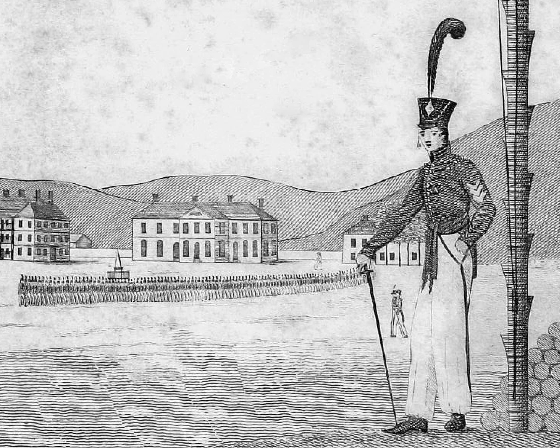 This 1820 engraving shows the Wood Monument on the Plain in front of the 1815 Academy building. Source: The Analectic Magazine, Vol. 2 . 1820, 171. 