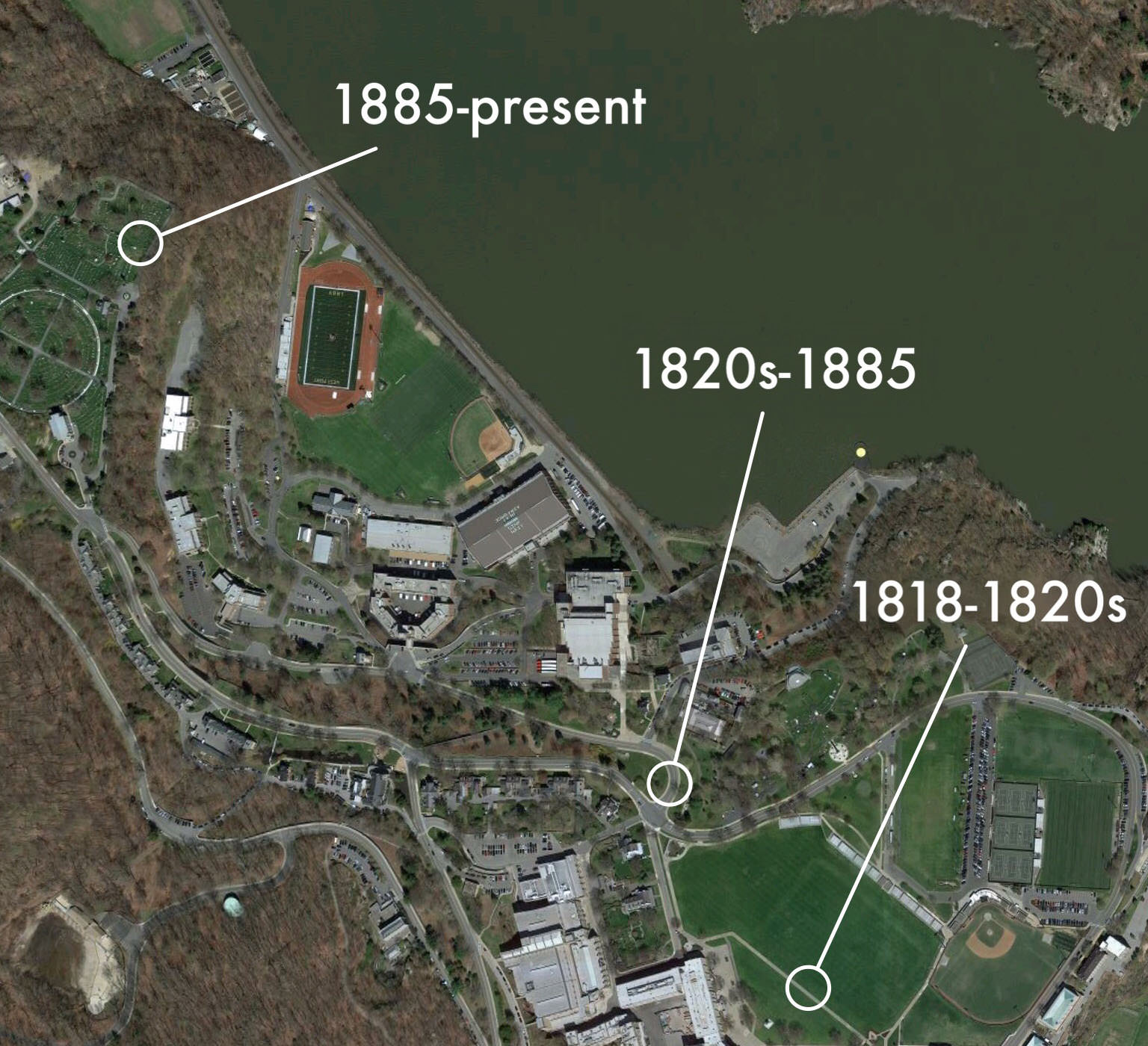 Wood's Monument Location, 1818-Present. Map by Author. Base Map: Google Earth. 