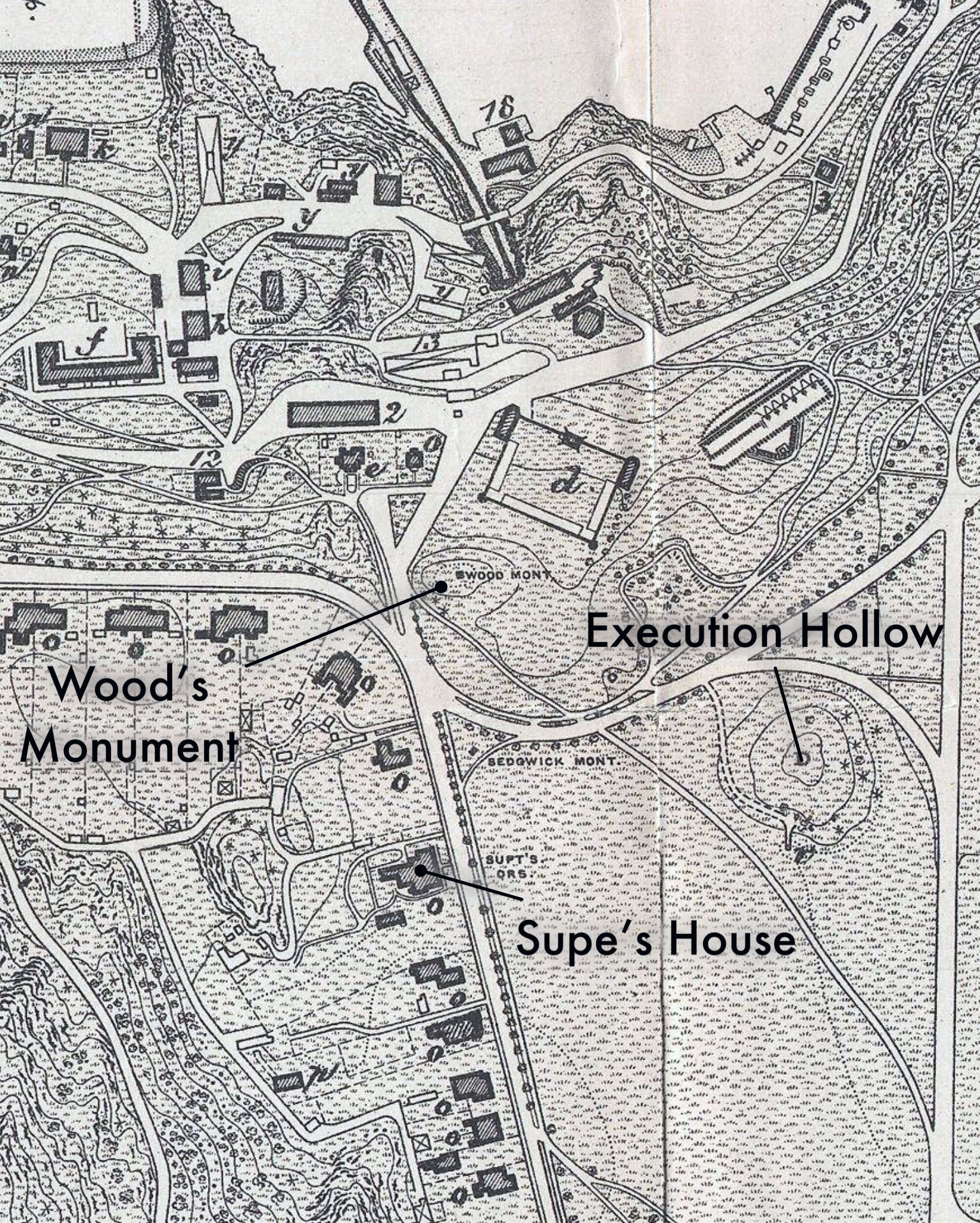 Crop of an 1883 map of West Point showing Wood's Monument on a hill near the Ordnance Compound (now known as the Firstie Club).