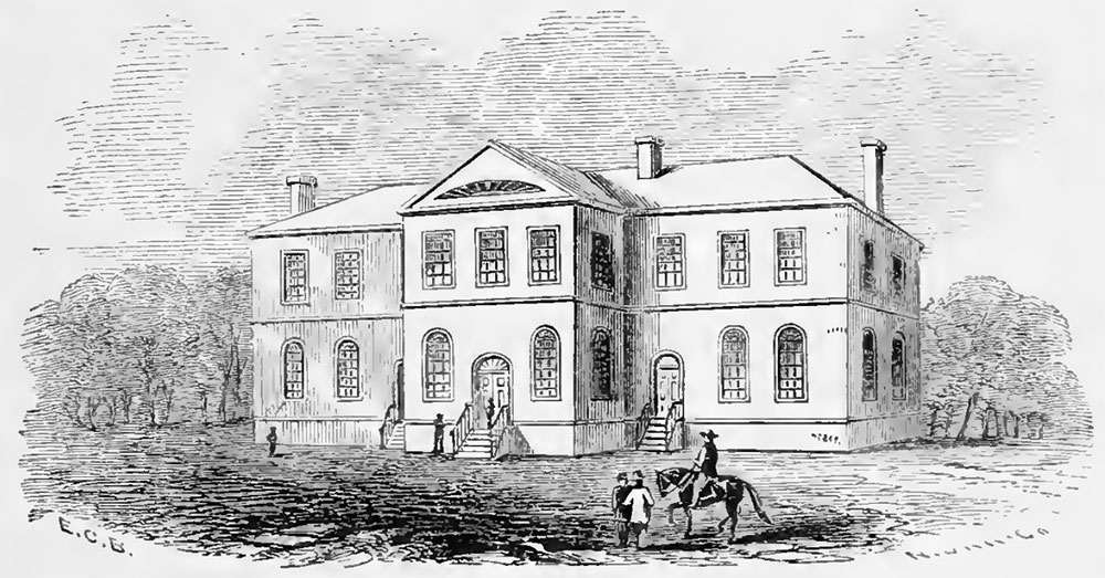 This is the Academy building, built 1815-1816. Some classes were held here, as well as religious services. It burned down in 1838. 