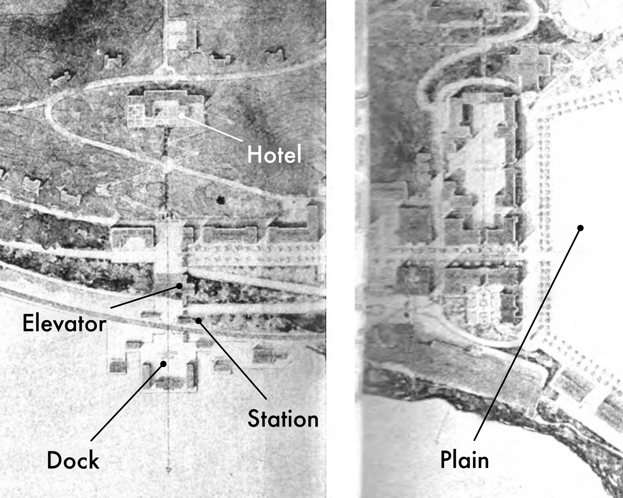 A 1903 plan by Cram, Goodhue, and Ferguson showing the location of the never-built elevator connecting the dock to the elevation of the Plain. A proposed hotel on the hill was also never realized. 