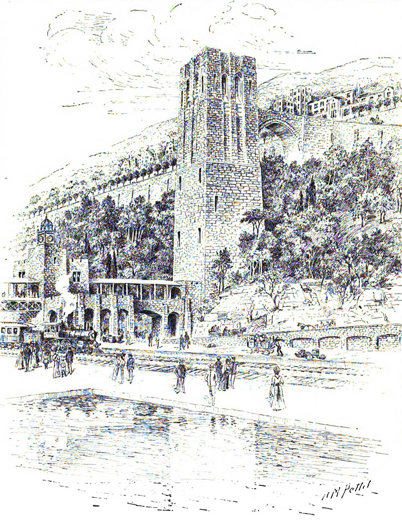 A 1908 rendering of the elevator showing a connecting passageway from the station and dock with a clock tower. Notice the bridge connecting the top to the road.&nbsp;
