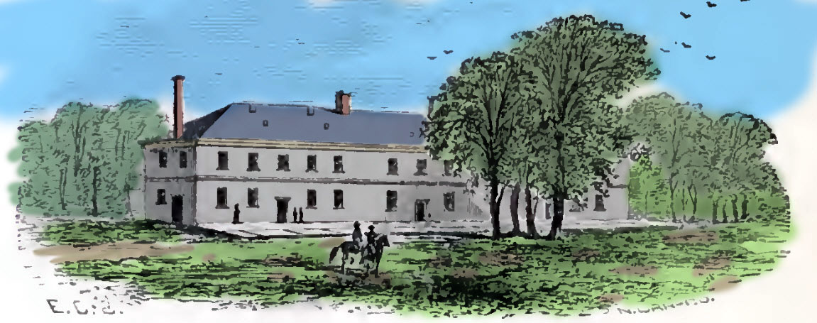 The Refectory, or Mess Hall, was a stone building completed in 1815. It was a two-story stone building. There was a bake house in the rear. Cadets ate on both floors at the left end of the building. The other end had some rudimentary lodging space for visitors. Source: Boynton, colored by author. 