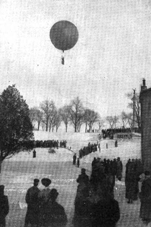 Charles Levee lifts off from West Point on 11 February 1906. The photo is taken near the corner of what is now known as the Firstie Club looking up the hill. The Battle Monument can be seen on the right side of the photo near the chimney of the building. Source: Collier's , 24 February 1906. 