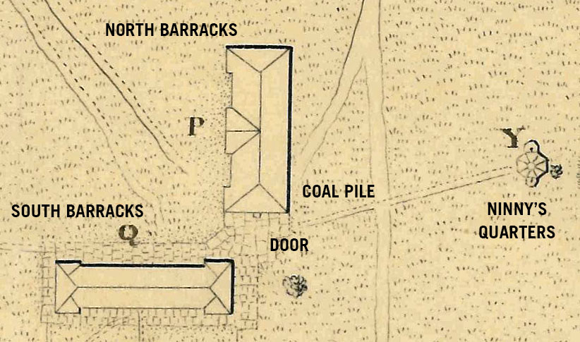The barracks mentioned in the story were located on the Plain near the corner of the Library and Eisenhower Barracks. The North Barracks stuck out into the Plain towards what is now the baseball field. Ninny's quarters were located close to road in front of the West Point Club. Map by T.B. Brown, 1826. Annotations by the author. 